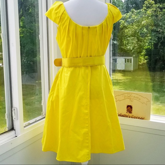 Belted Yellow Cap Sleeve A-Line Cotton Drees - Picture 2 of 7